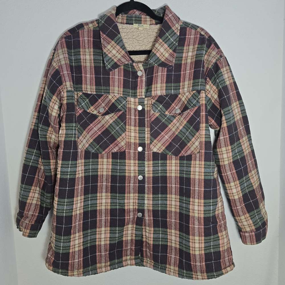 Kori America Flannel Sherpa Shacket | Women's Large | Plaid Comfy Western Fall